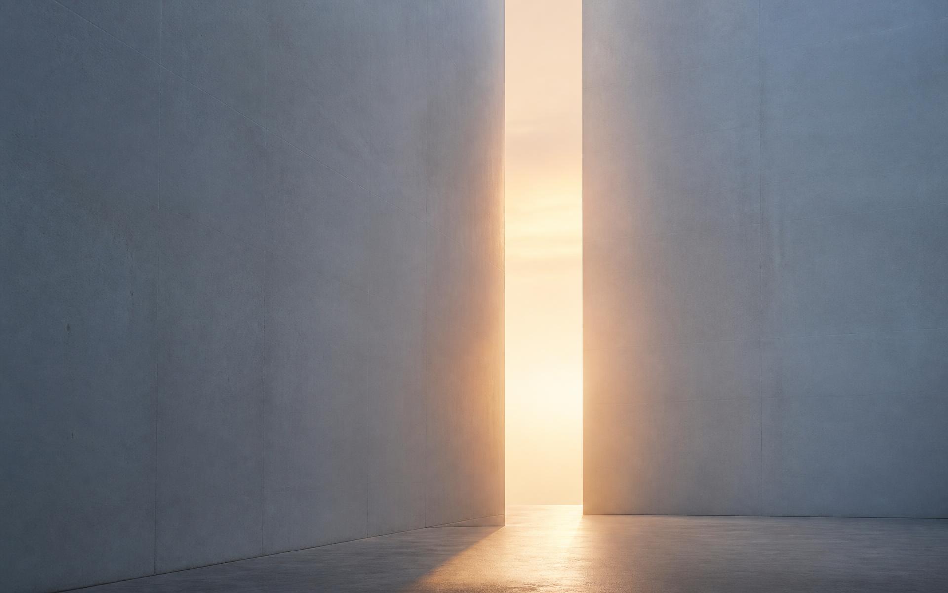 Two monumental pale architectural masses separated by a narrow opening with warm dawn light breaking through